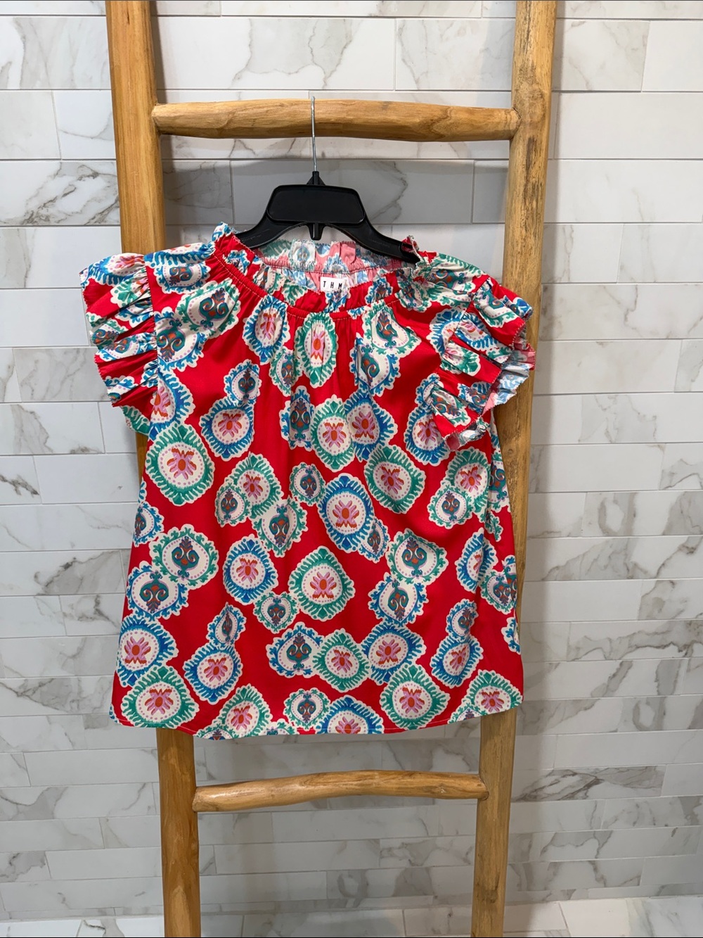 THML Red Floral Medallion Ruffle Sleeve Blouse